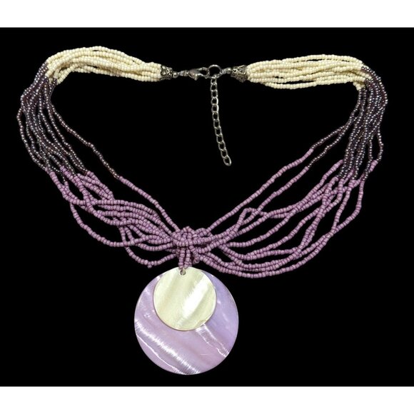 Neutral Mermaidcore Purple And White Glass Beaded Shell Pendant Necklace - Picture 1 of 6